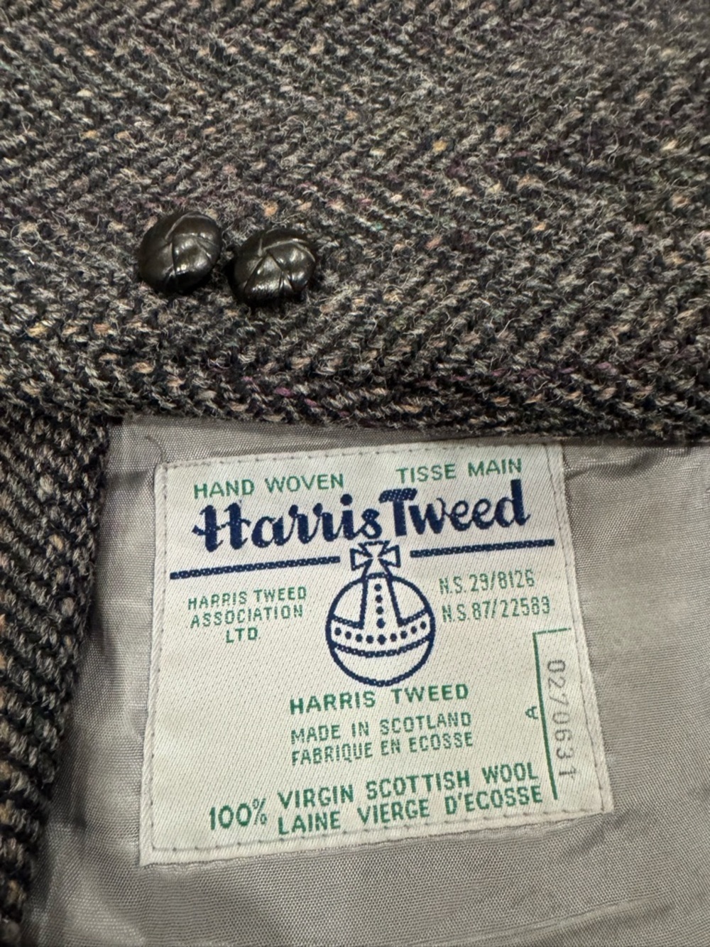VTG Harris Tweed Blazer Wool Sport Coat Charcoal Grey Herringbone with Donegal
